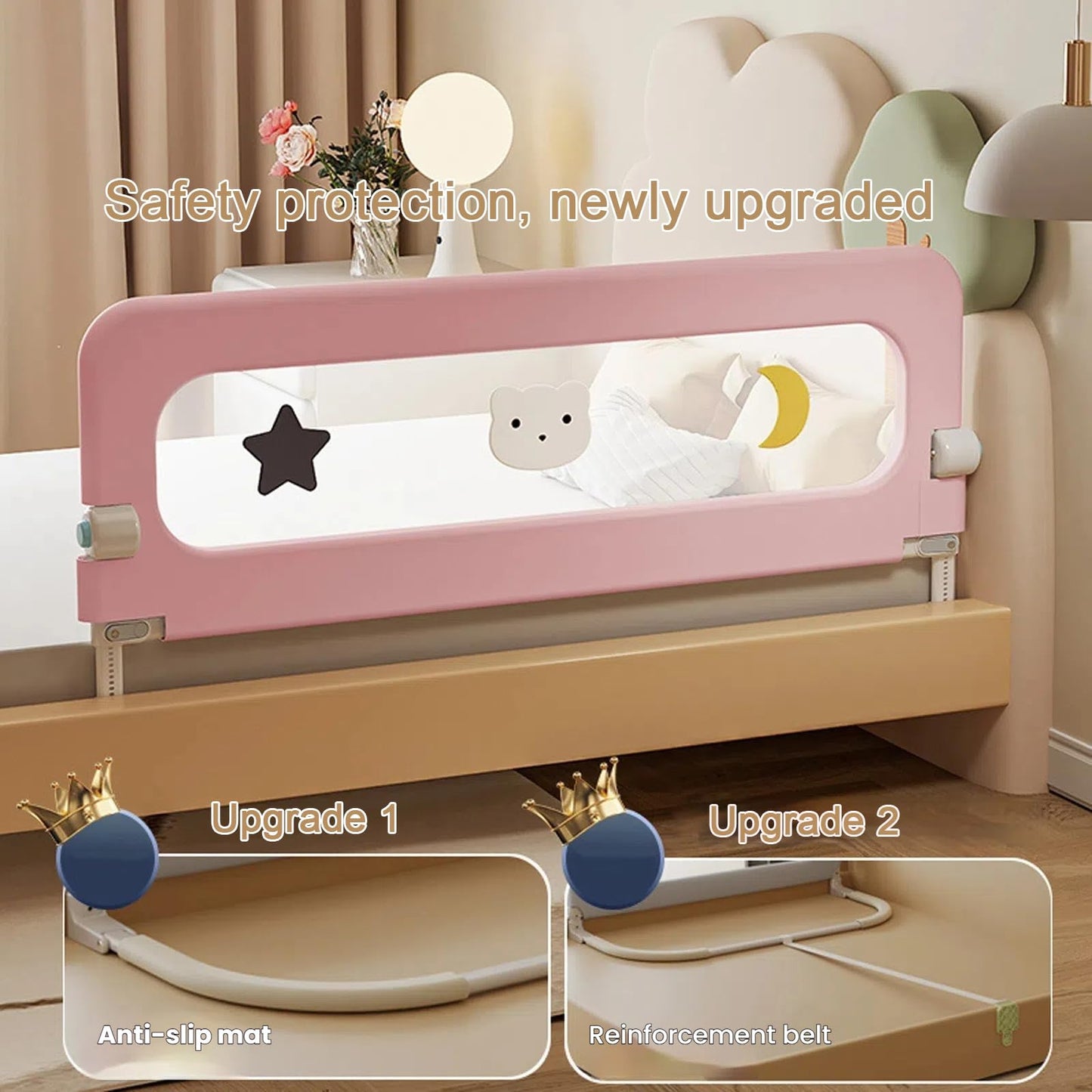 HIQNWTO Bed Rail for Toddlers, 71" Foldable Baby Bed Rail Guard with Drilled-Free Installation, Adjustable Height, Suitable for Twin, Full, Queen & King Size (Gray Patchwork, 71inch)