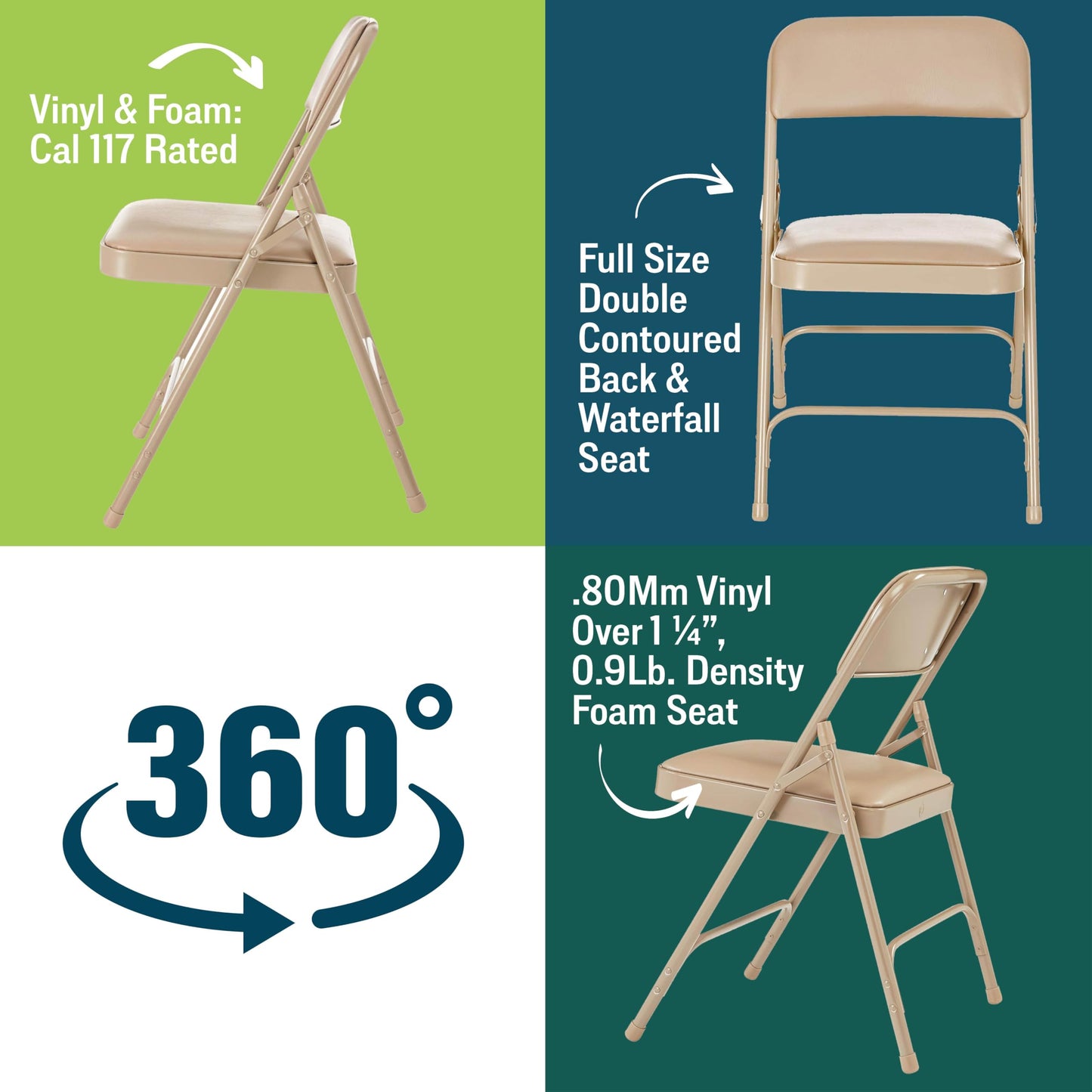 Premium Padded Portable Folding Chairs by National Public Seating – 1200 Series Upholstered, Heavy-Duty Foldable Chairs for Indoor & Outdoor Use – Set of 4, Comfortable & Durable, Beige