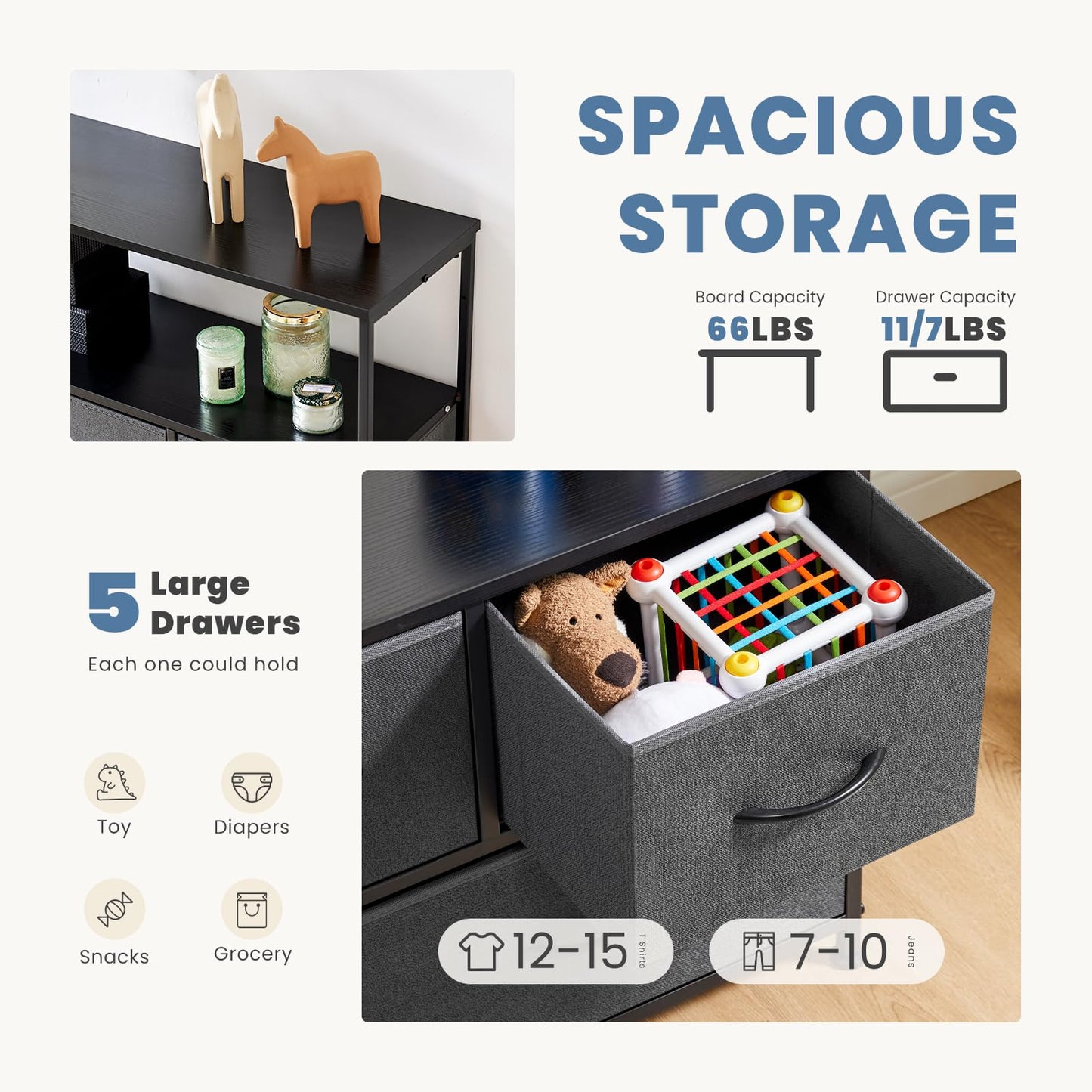DUMOS TV Stand Dresser with 5 Fabric Storage Drawers, Media Console Featuring Open Shelf for 45 inch TV, Compact Entertainment Unit for Bedroom, Living Space, or Dorm Organization, Grey
