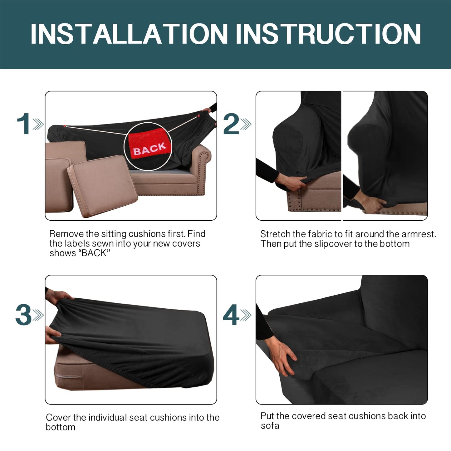 FantasDecor 3 Piece Sofa Covers Velvet for 2 Cushion Couch Stretch Loveseat Slipcover with Individual Seat Elastic Furniture Protector for Pets (Loveseat, Black)
