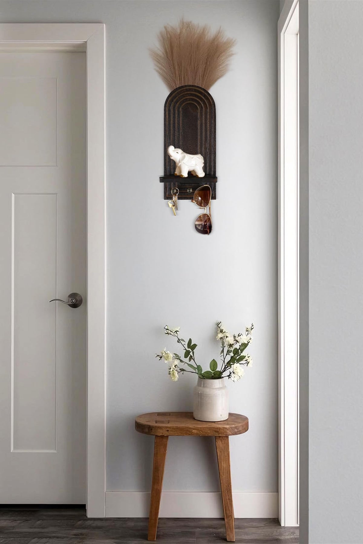 3-in-1 Wooden Wall Organizer - Planter Vase + Candle Sconces + Hooks (No Dried Flower)- Farmhouse Hanging Decor Boho Wall Art for Indoor Plants Artificial Eucalyptus for Living Room Bedroom Brown