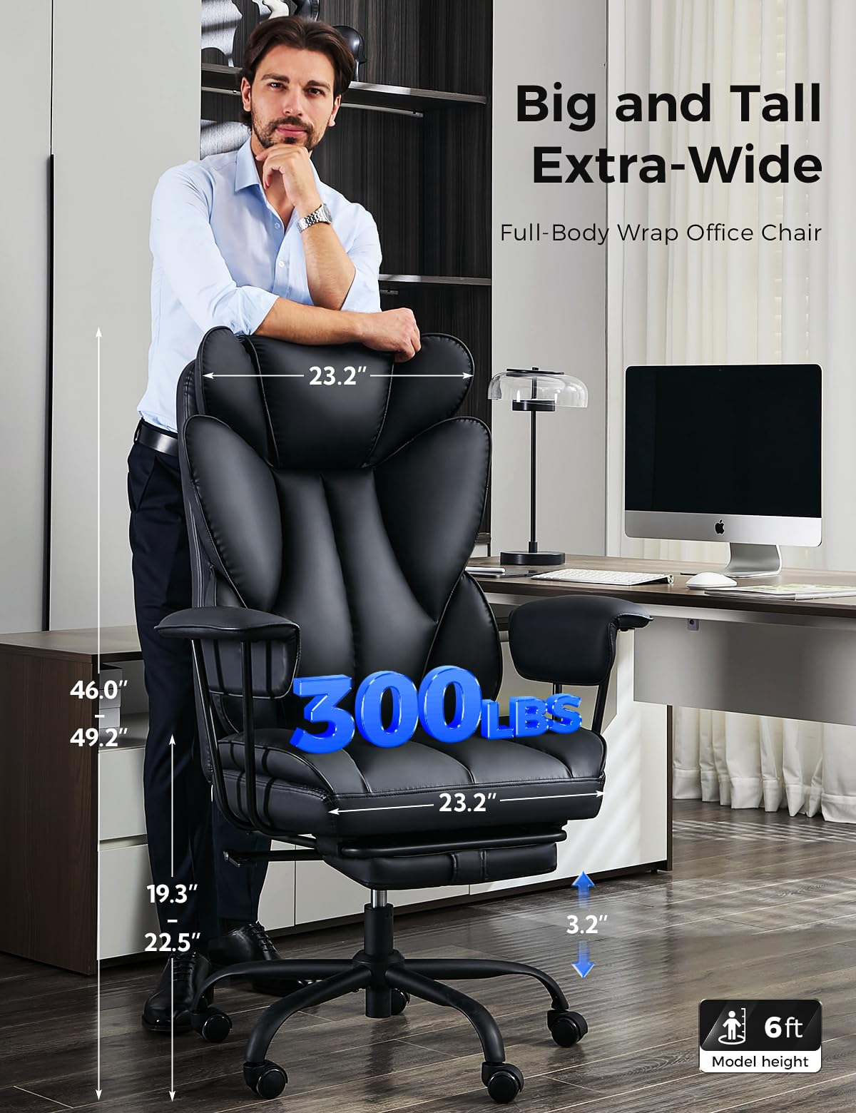 LukkDys Big and Tall Office Chair,High Back Leather Gaming Chair with Footrest,Lumbar Support,Outward Fixed Soft Armrests,Wide Ergonomic Desk Chair (Black)