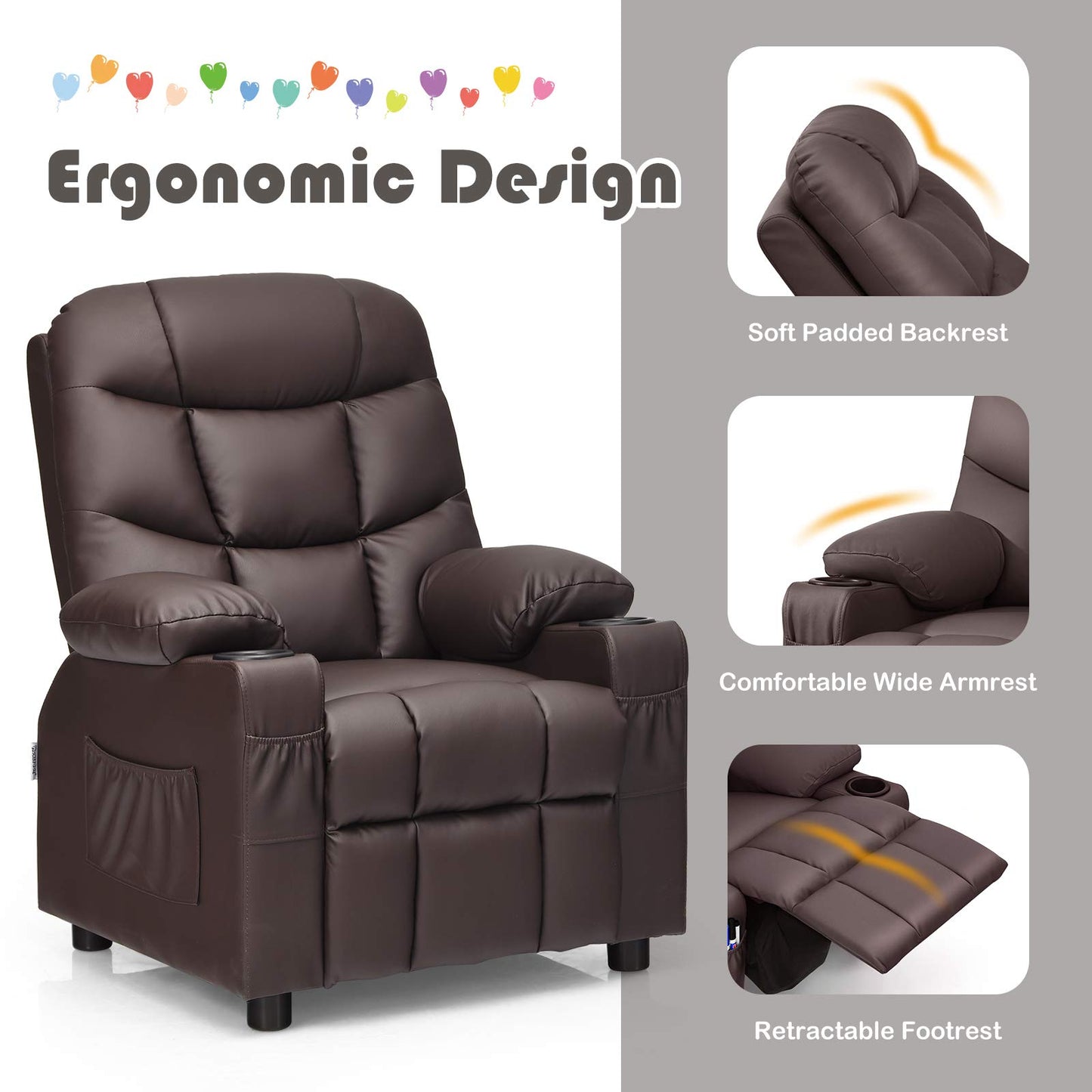 Costzon Kids Recliner Chair with Cup Holder, Adjustable Leather Lounge Chair w/Footrest & Side Pockets for Children Boys Girls Room, Ergonomic Toddler Furniture Sofa, Kids Recliner (Brown)