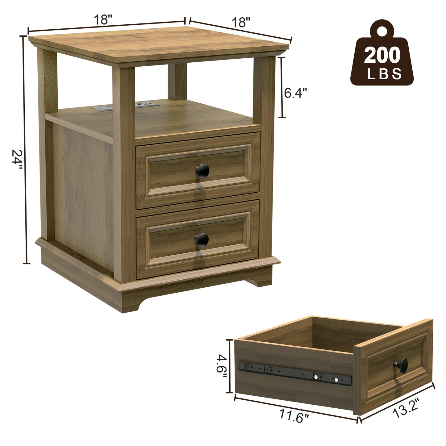 REDAYFUR End Table with Fast USB C Charging Station, Sofa Side Table with 2 Drawers, Large Storage Rustic Wood Square Storage Cabinet for Living Room,Bedroom,Office, Light Brown