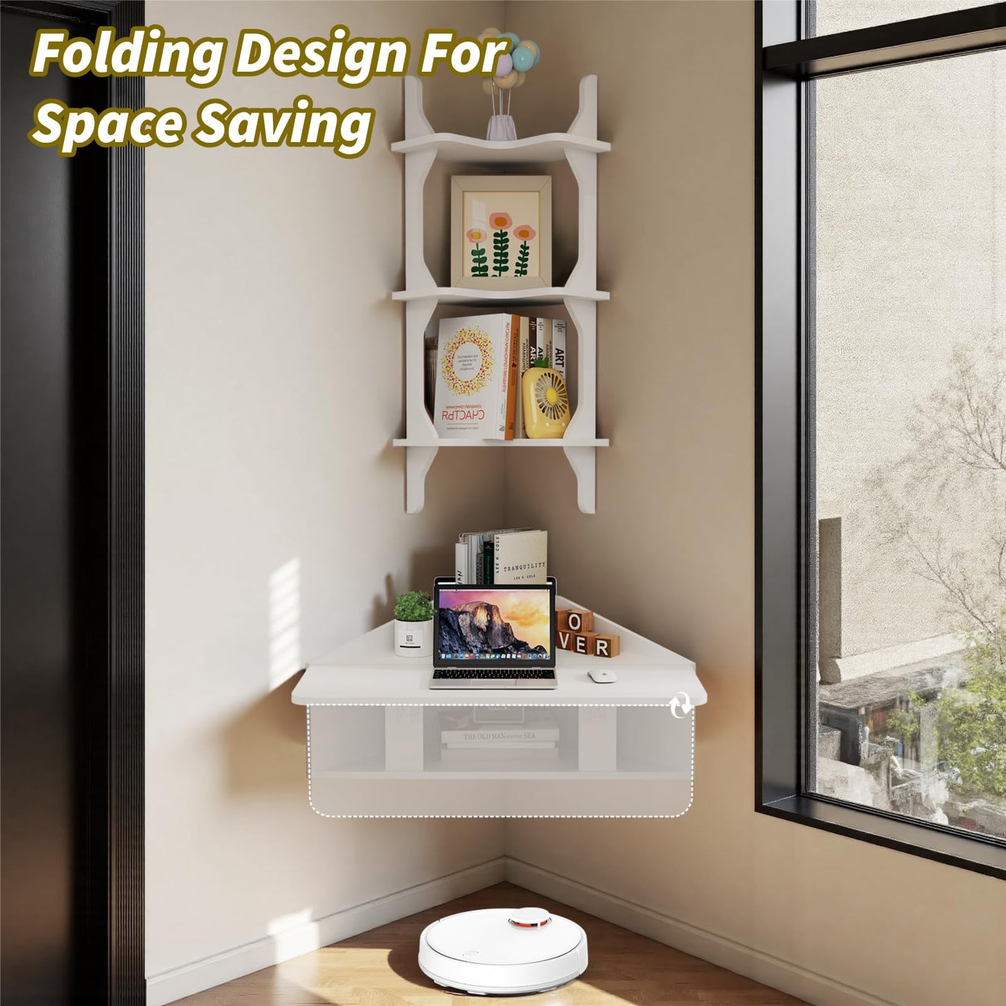 Pmnianhua Floating Corner Desk,Wall Mounted Table with Shelves,Folding Corner Shelf,Wall Corner Shelf for Small Space Computer(Grayish White)