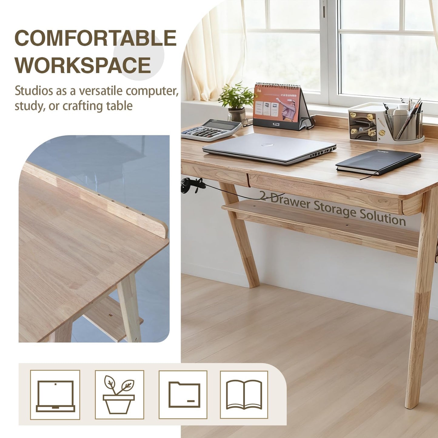 Homxzioa Mid-Century Modern 100% Solid Wood Writing Desk, 47" Rubberwood Home Office Computer Table & Workstation Desk with 2 Drawers, Lower Shelf & Side Hooks, 350 lbs Load, Laptop Desk