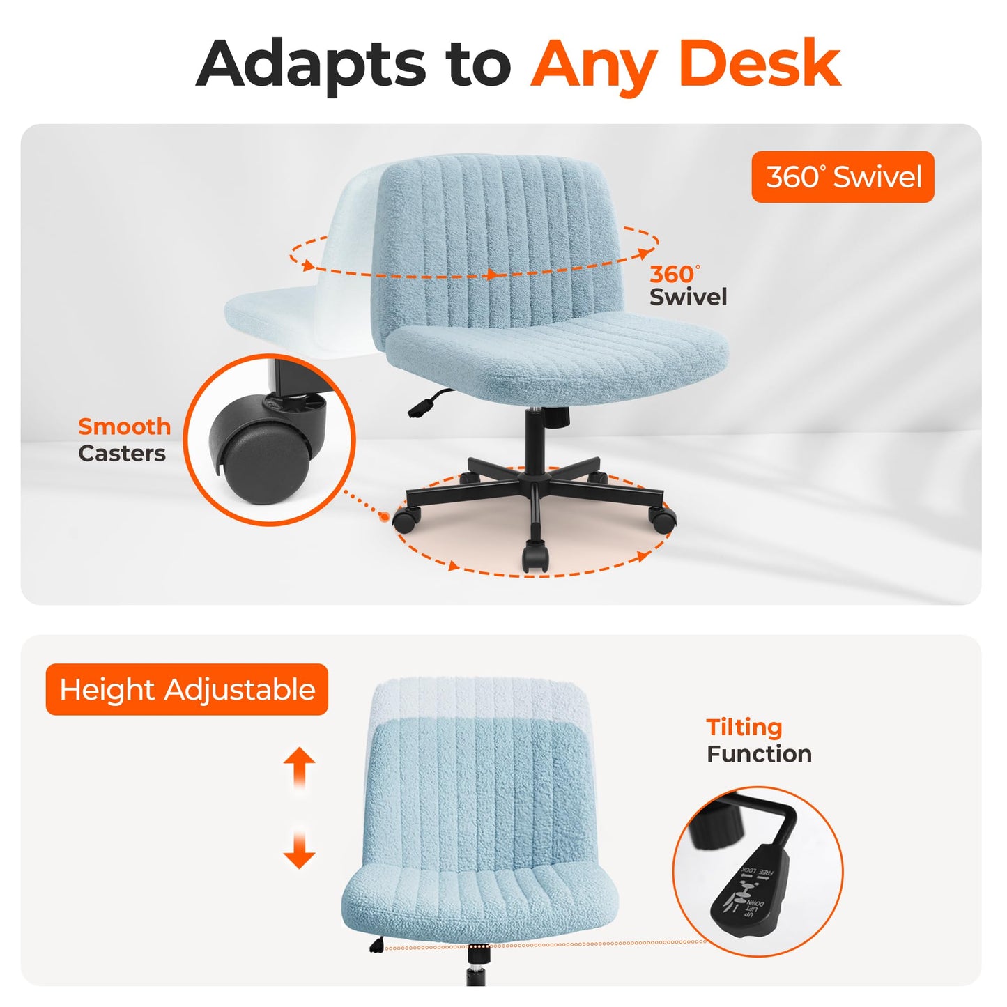 Orange Factory Criss Cross Chair Wheels Vanity Chair Office Desk Comfy Wide Cross Legged Armless Teddy Fabric Adjustable Swivel for Home Computer Task (Blue, Teddy Fleece)