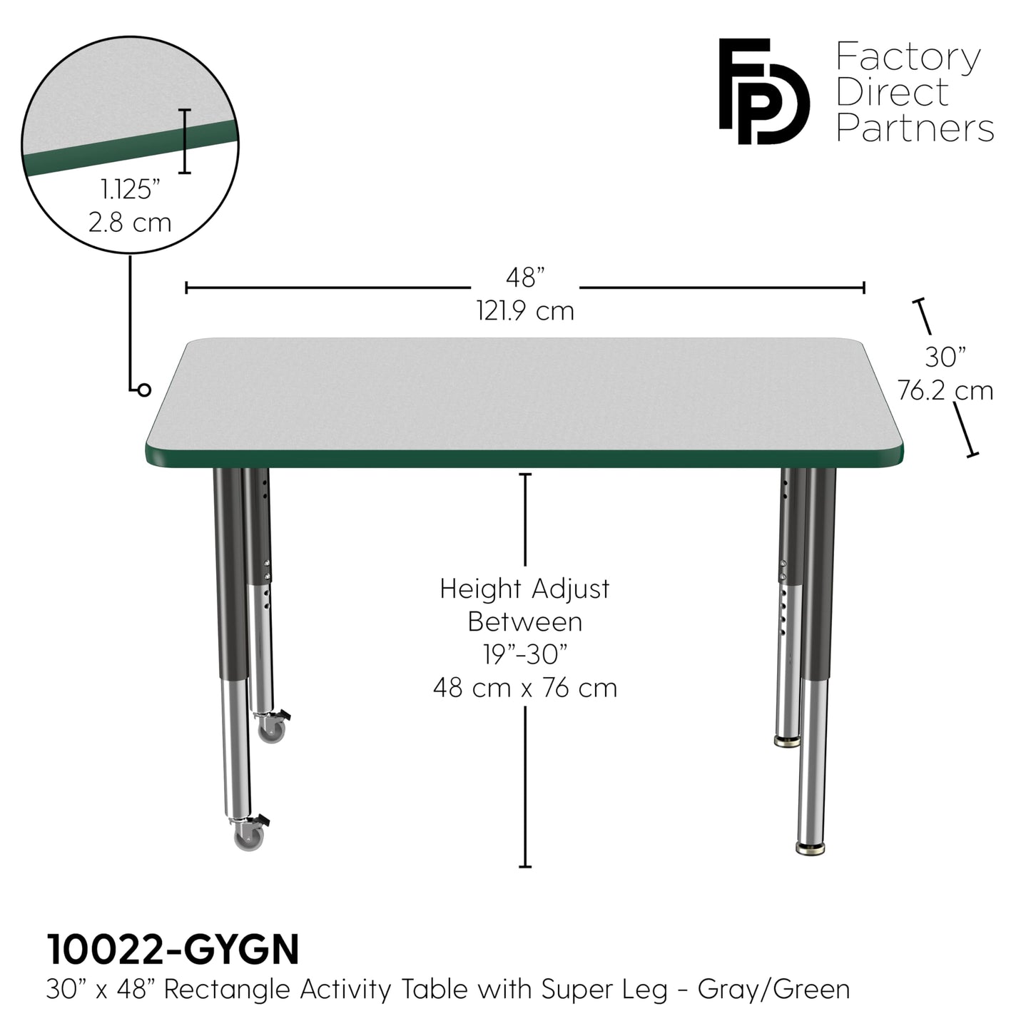 Factory Direct Partners FDP Mobile Rectangle Activity School and Office Table (30 x 48 inch), Super Legs with Glides and Casters, Adjustable Height 19-30 inches - Gray Top and Green Edge