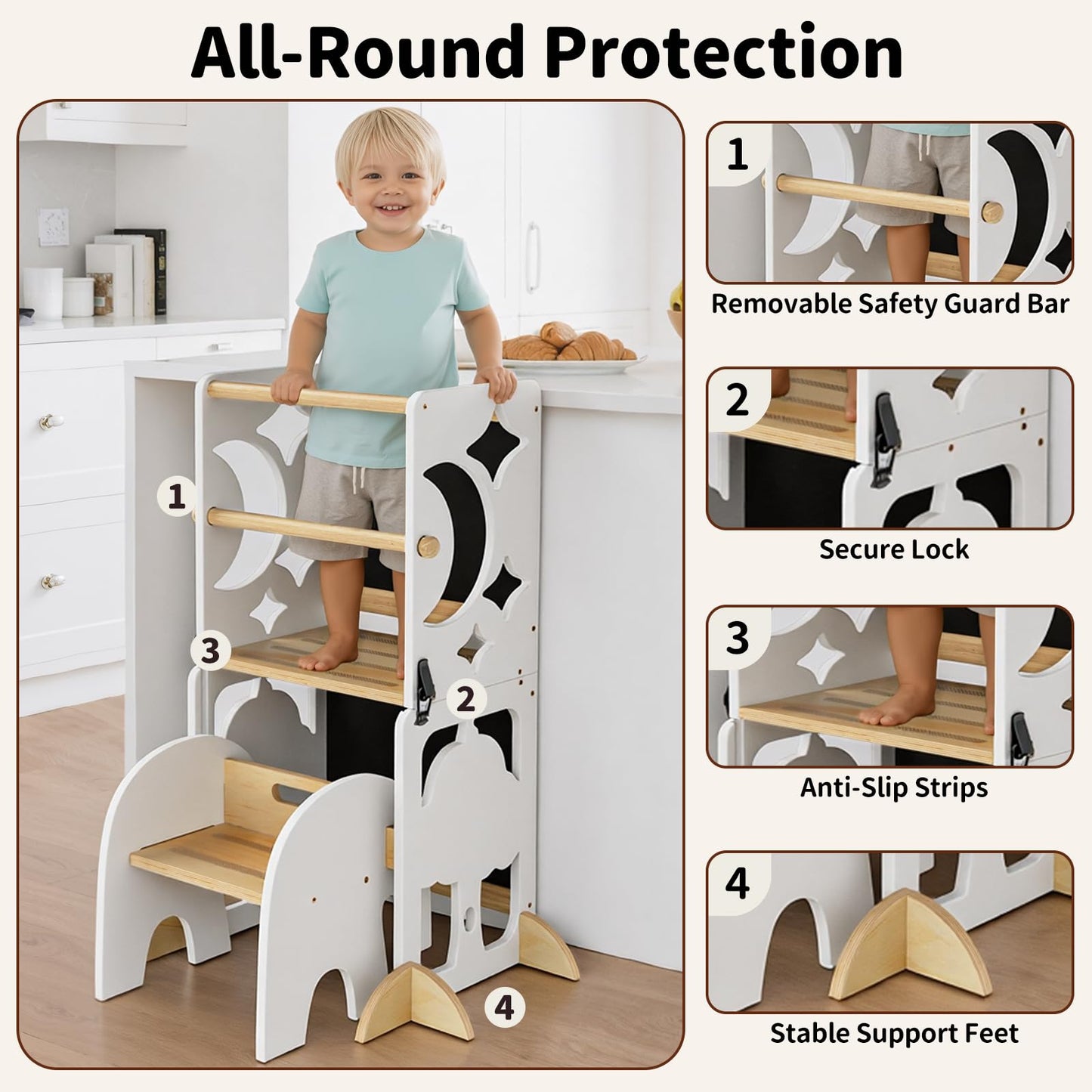 COSYLAND 4-in-1 Toddler Kitchen Stool Helper with Safety Rail, Foldable Toddler Standing Tower with Double Blackboard, Kids Learning Desk and Chair Set, White and Natural