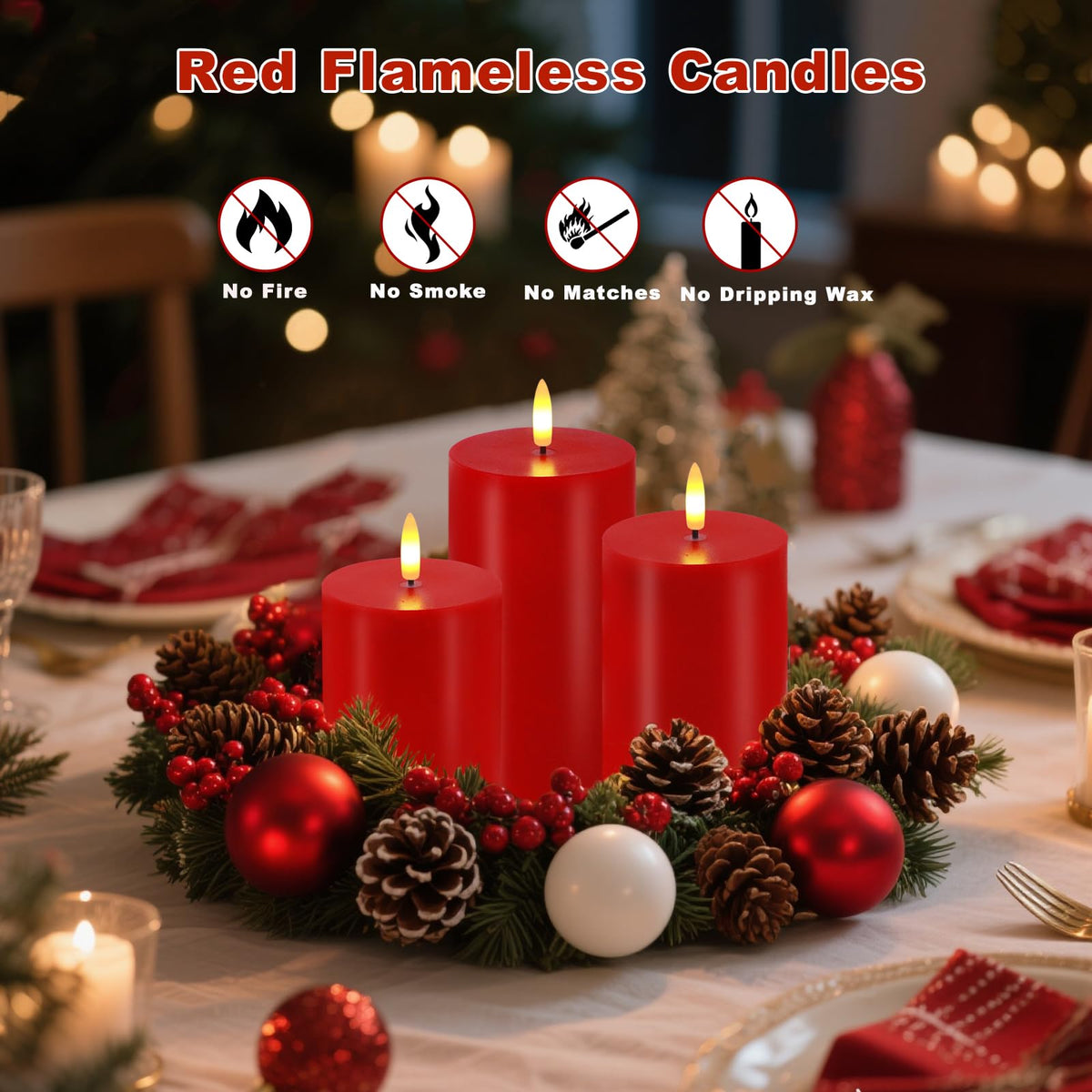 Red Flameless Candles, Set of 3 Flickering LED Candles with Remote & Timer, Dimmable Real Wax Electric Pillar Candles Battery Operated, Christmas Flameless Candles Light for Home Xmas Decor (Red)