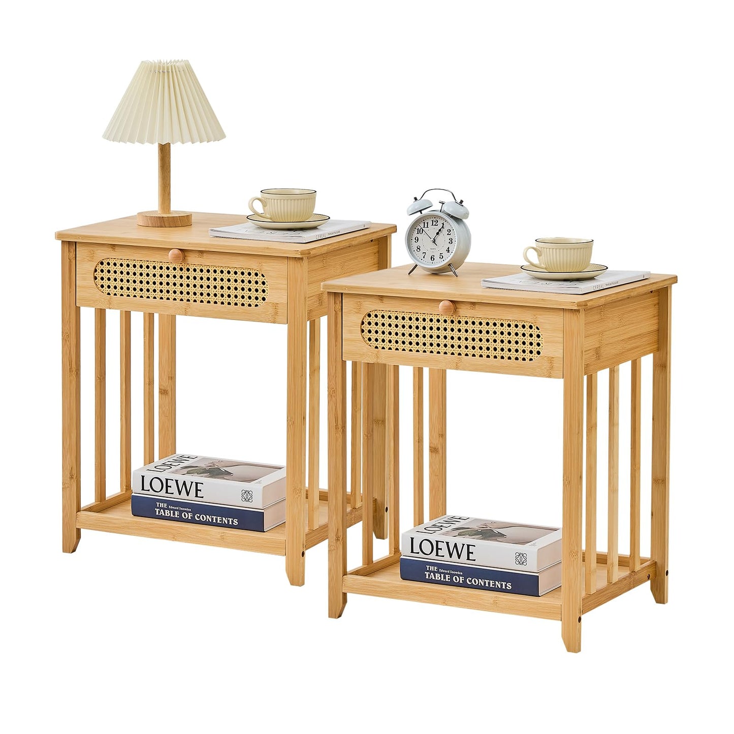 oakvivo Nightstand Set of 2, Rattan Night Stand Bedside Table with Drawer, 19.7" W Bamboo End Tables with Open Storage Shelf, Boho Sofa Bed Side Table for Bedroom, Living Room, Sofa, Couch, Natural