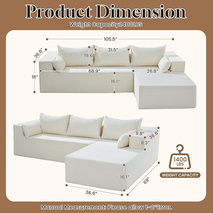 106" Cloud Sectional Boneless Couches
