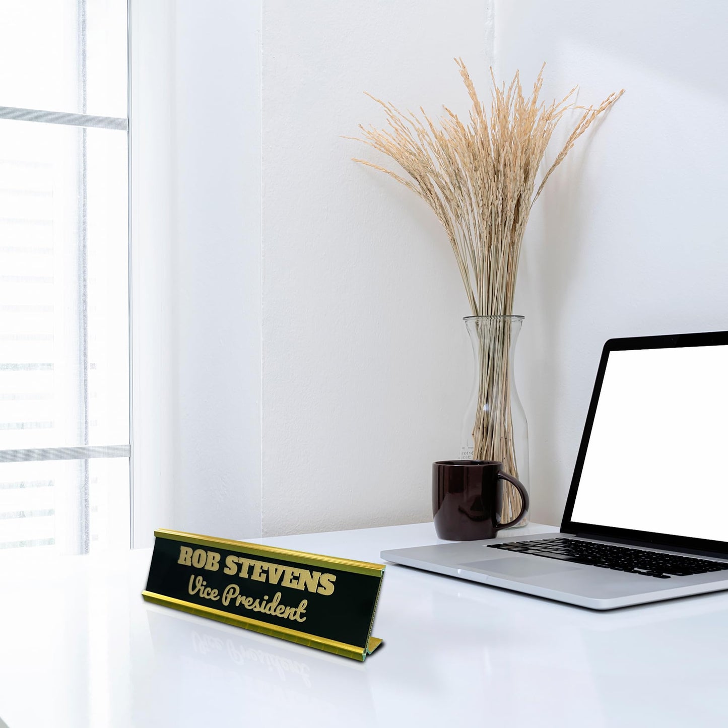 VWAQ Custom Engraved Name Plate for Office Desk or Wall Personalized with Desk Holder or Wall Mount – Professional Office Name 2X8 Color and Fonts