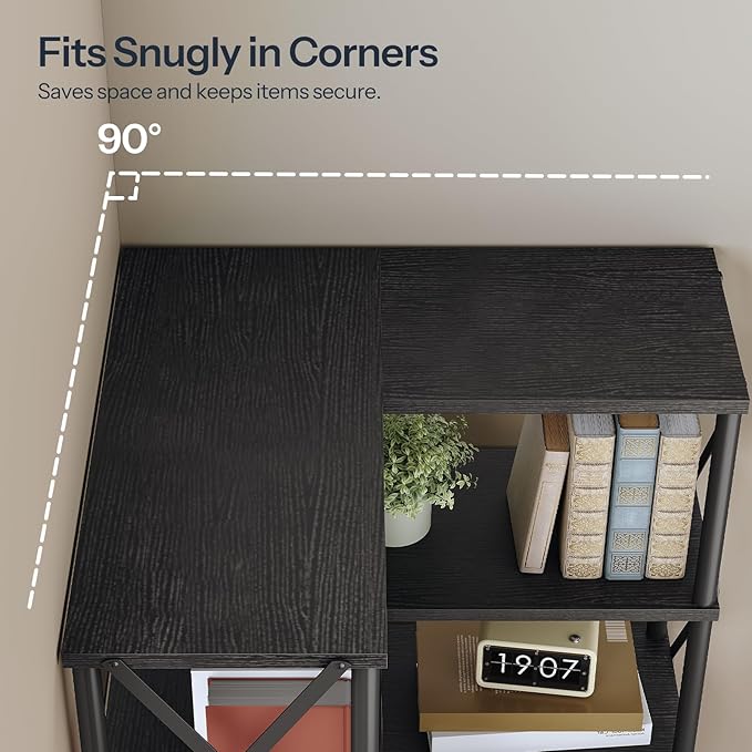 HOOBRO Corner Bookshelf, 4-Tier L-Shaped Bookcase, Industrial Open Display