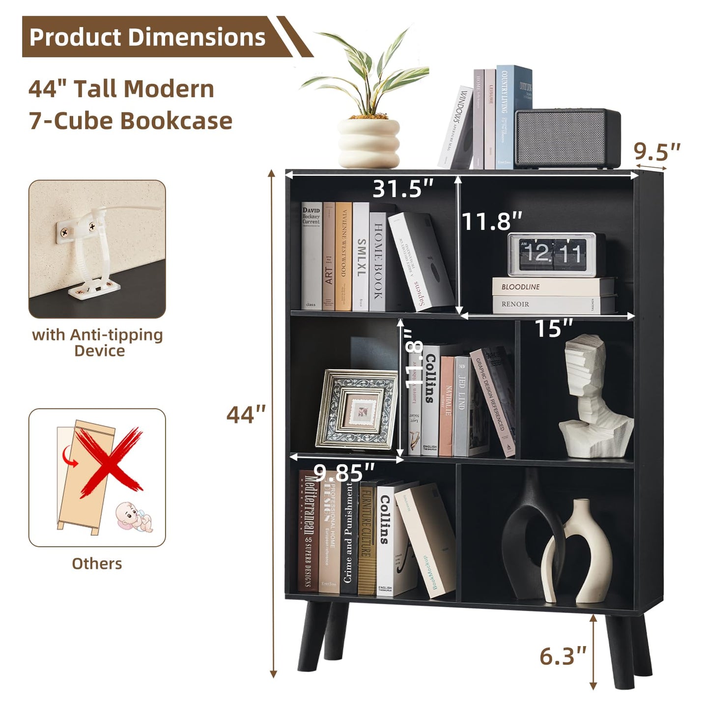 LEYAOYAO 7 Cube Black Bookshelf, 3 Tier Modern Bookcase with Legs, Wood Cubeicals Organizer Storage Open Shelves, Retro Display Book Shelf, Freestanding Short Book case for Bedroom,Living Room,Office