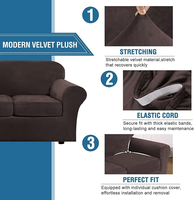 H.VERSAILTEX Modern Velvet Plush 4 Piece High Stretch Sofa Slipcover Cover Form