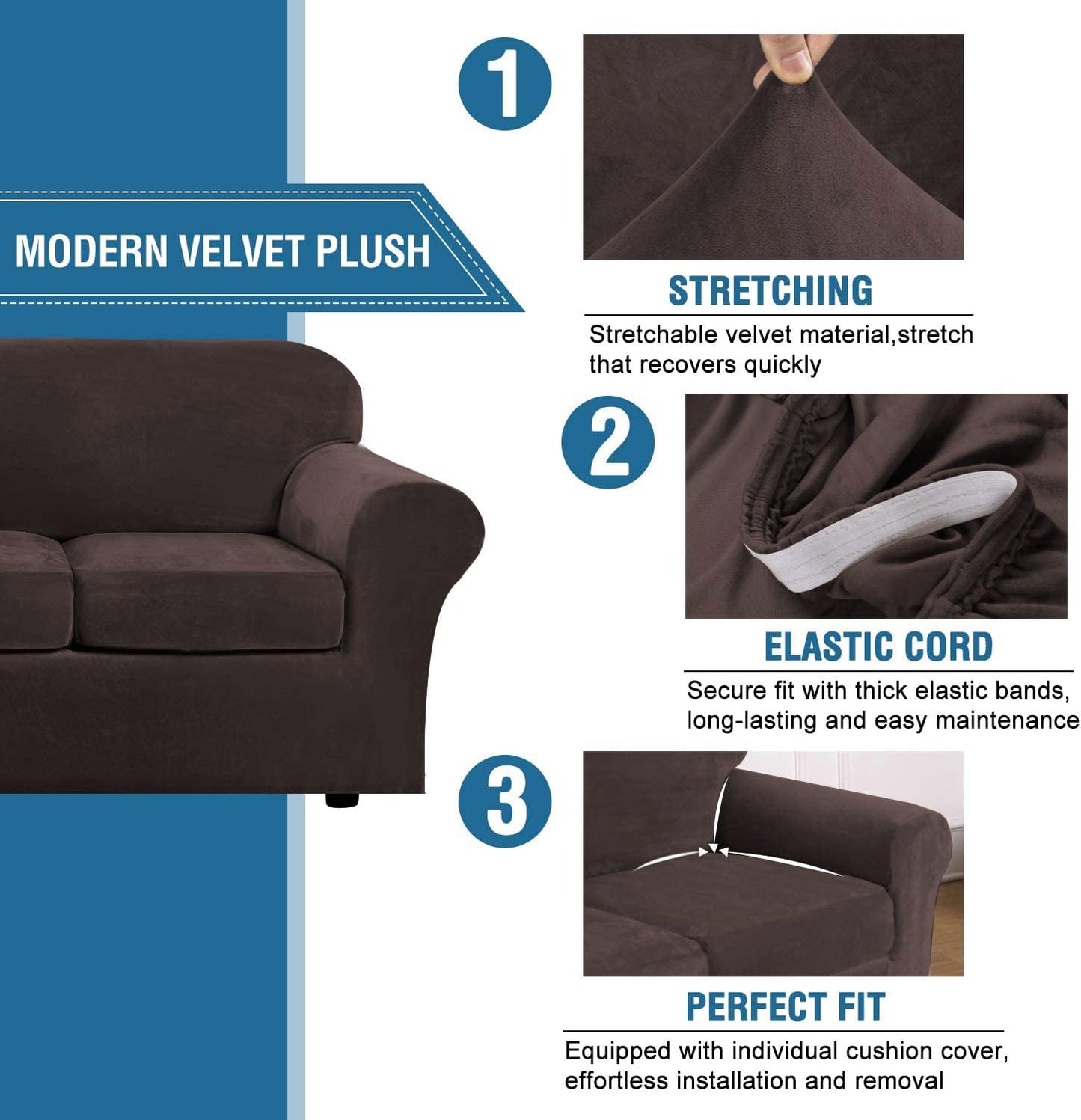 H.VERSAILTEX Real Velvet Plush 3 Piece Stretch Sofa Covers Couch Covers for 2 Cushion Couch Loveseat Covers Width Up to 72 Inch Feature Thick Soft Stay in Place (Medium Sofa, Brown)