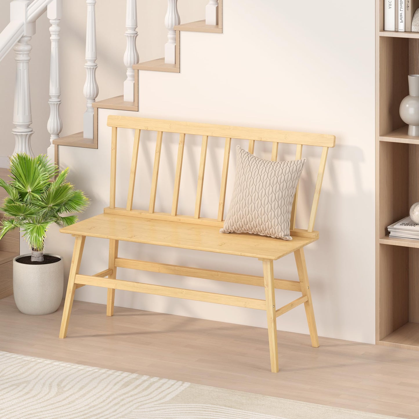 Wisuce Essentials Bamboo Dining Bench, Entryway Bench with Spindle Back Farmhouse Wood Windsor for Foyer Balcony Living Room (Nature)