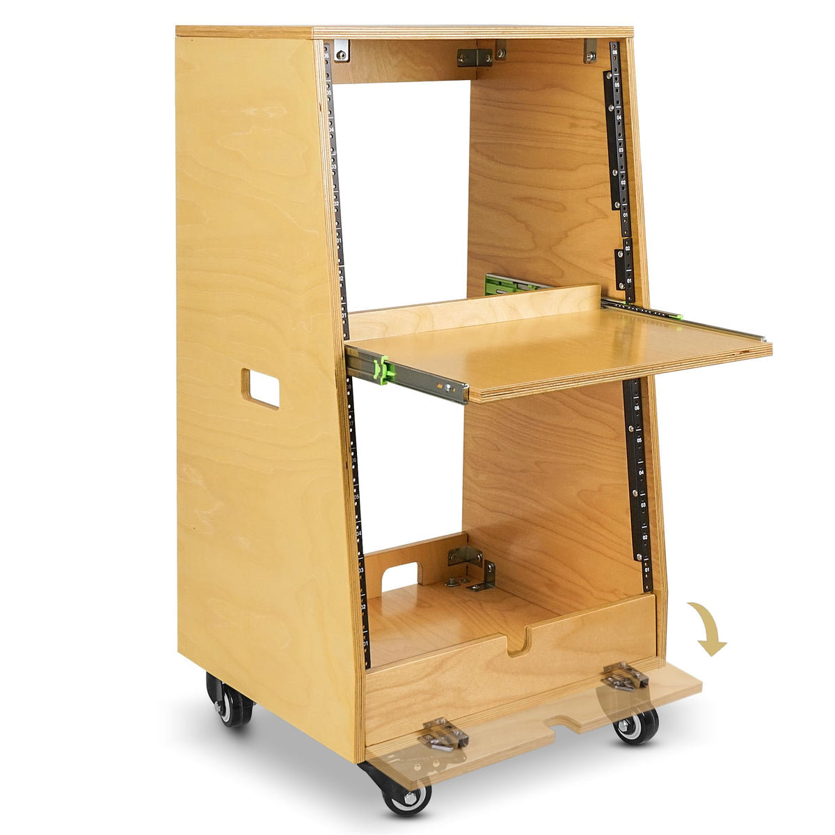 Sound Town DIY Slanted 16U Studio Rack (8U Top + 8U Lower), with 2U Bottom Storage, Slide-Out Tray, Caster, Plywood, Golden Oak for Recording Room, Home Studio (SDRK-ST16T)
