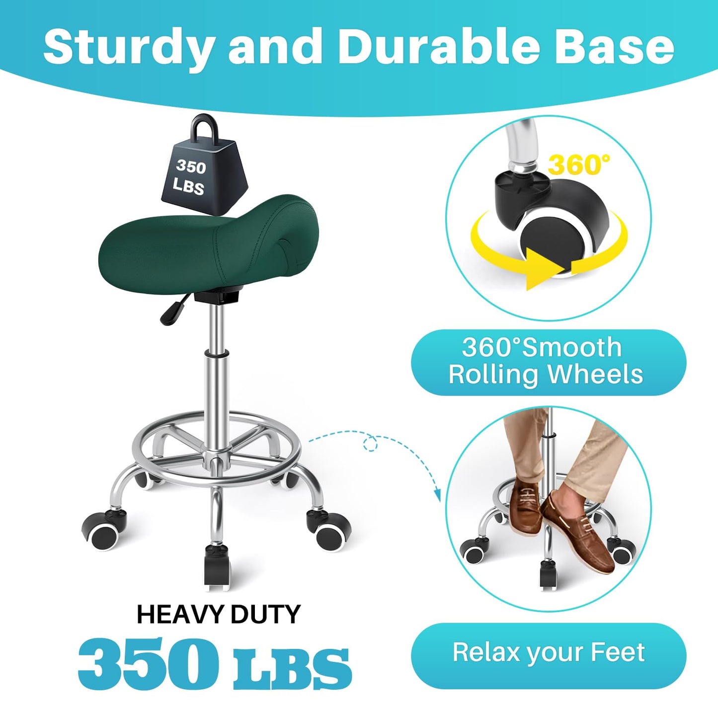YEEZEE Saddle Stool Ergonomic- Comfortable Rolling Saddle Stool with Wide Thick Saddle Seat Padding, Swivel Adjustable Saddle Chair with Wheels and Ring Pedal for Medical Massage Salon (Green)