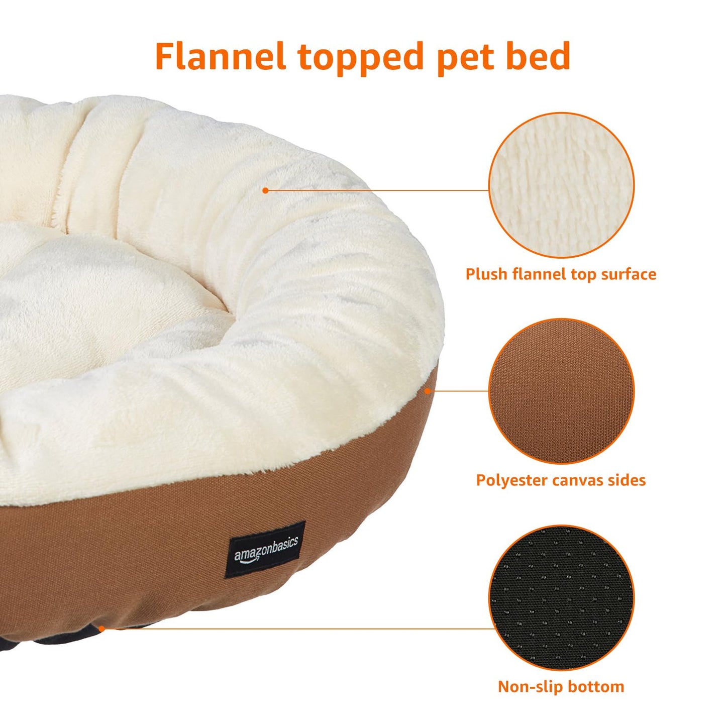 Amazon Basics Round Bolster Pet Bed for Dog or Cat with Flannel Top, 20.0" L x 20.0" W x 8.0" Th, Brown and Ivory