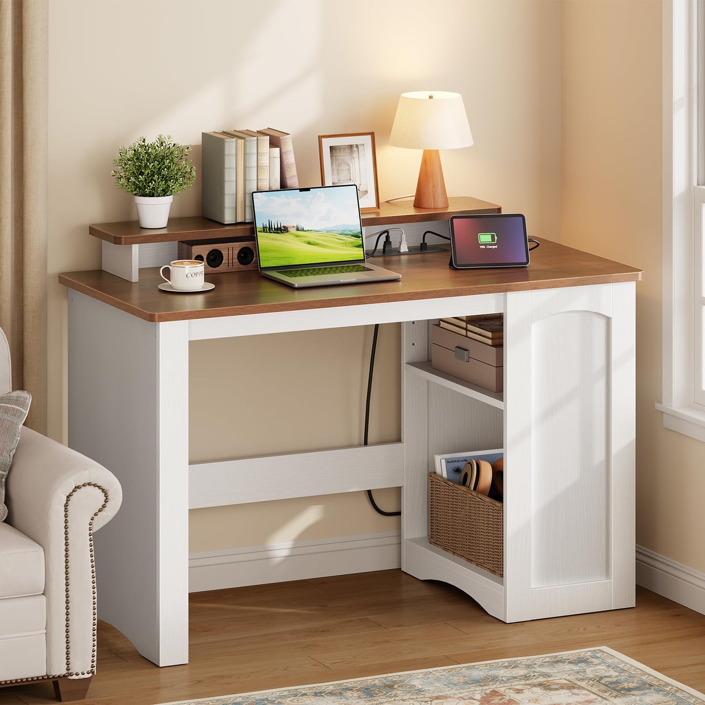 HOOBRO Farmhouse Executive Desk, Computer Desk with Charging Station, Office Desk with Monitor Stand & Adjustable Shelf, Small Desk for Small Space, Study, Living Room, White and Walnut WH85UDN01