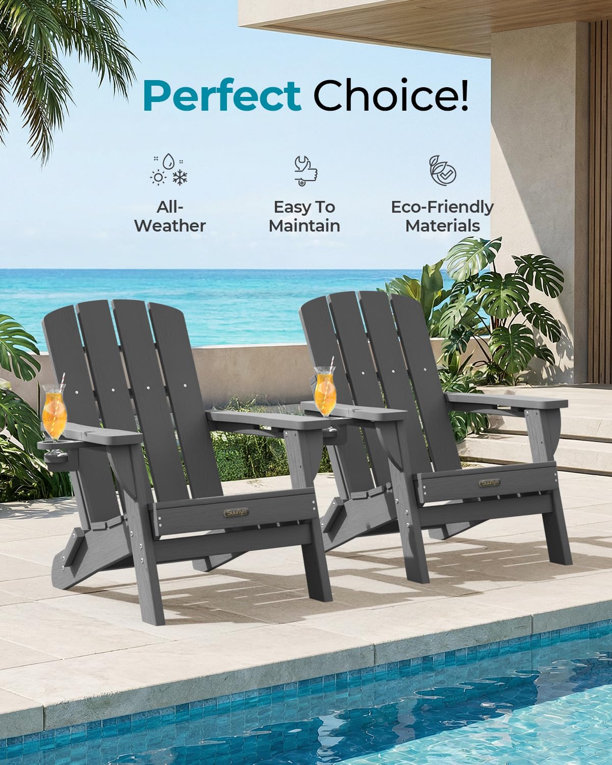 SUUNYN Folding Adirondack Chair, HDPE Adirondack Chairs with 2 Cup Holder, Plastic All-Weather Fire Pit Chairs, Outdoor Lawn Chair for Patio Garden (Grey)