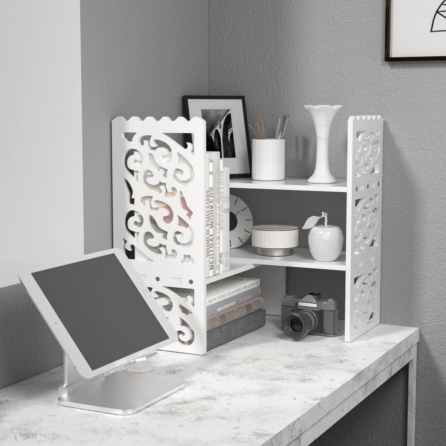 MASAKA B&W - Kawaii Storage Desktop Organizer for Your Desk Space, Double H Plants Display Shelf, Home Office Storage Rack Adjustable Stackable for Office, Dormitory (White*09)