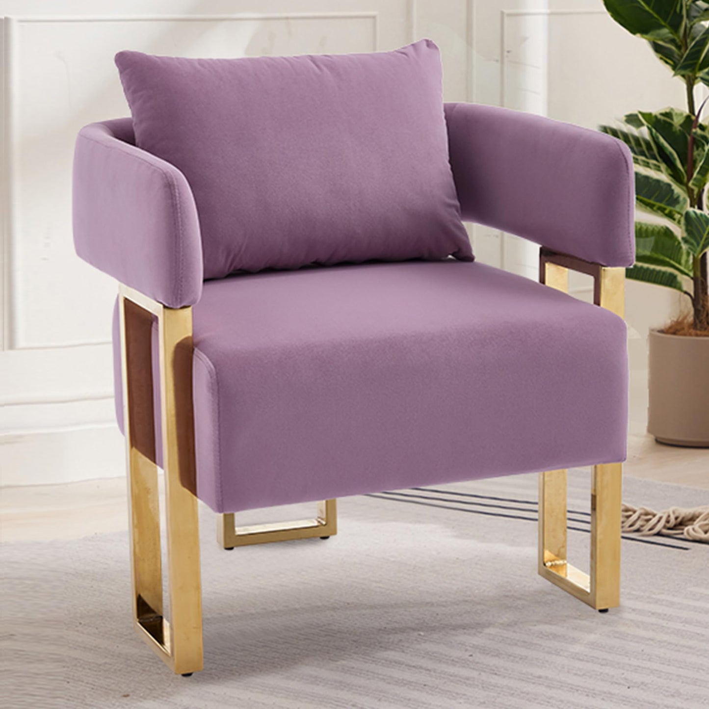 YITAI Modern Accent Chairs no Wheels, Living Room Side Chairs with Golden Metal Legs, Barrel Soft Velvet Upholstered Reading Armchairs for OfficeStudyReception RoomBedroomLounge,Purple Set of 2