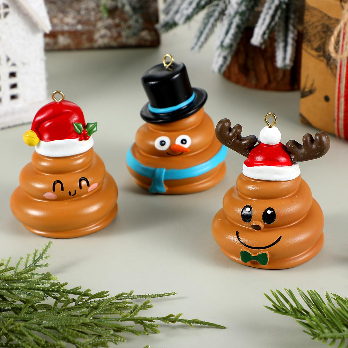 Burbell 3 Pcs Funny Christmas Ornaments for Tree Christmas Pooping Gag Gifts Resin Santa Hat Reindeer Snowman Hanging Ornaments Decor for Xmas Tree Naughty Holiday Party Favor, 3 Styles
