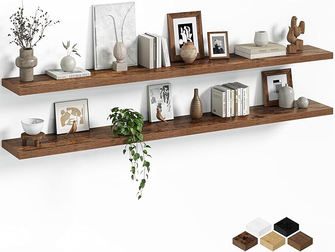 Fun Memories Floating Shelves for Wall, 72 Inch Long Set of 2 Rustic Wood Wall