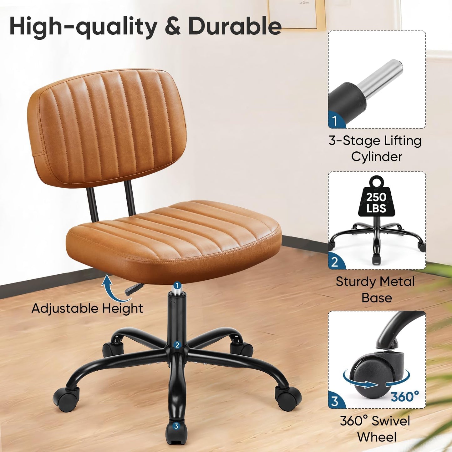 DUMOS Armless Small Home Office Desk Chair - Vanity Task Chair with Low Back, Height Adjustable PU Leather Swivel with 360° Rolling Wheels, Vanity, Bedroom, Deep Brown