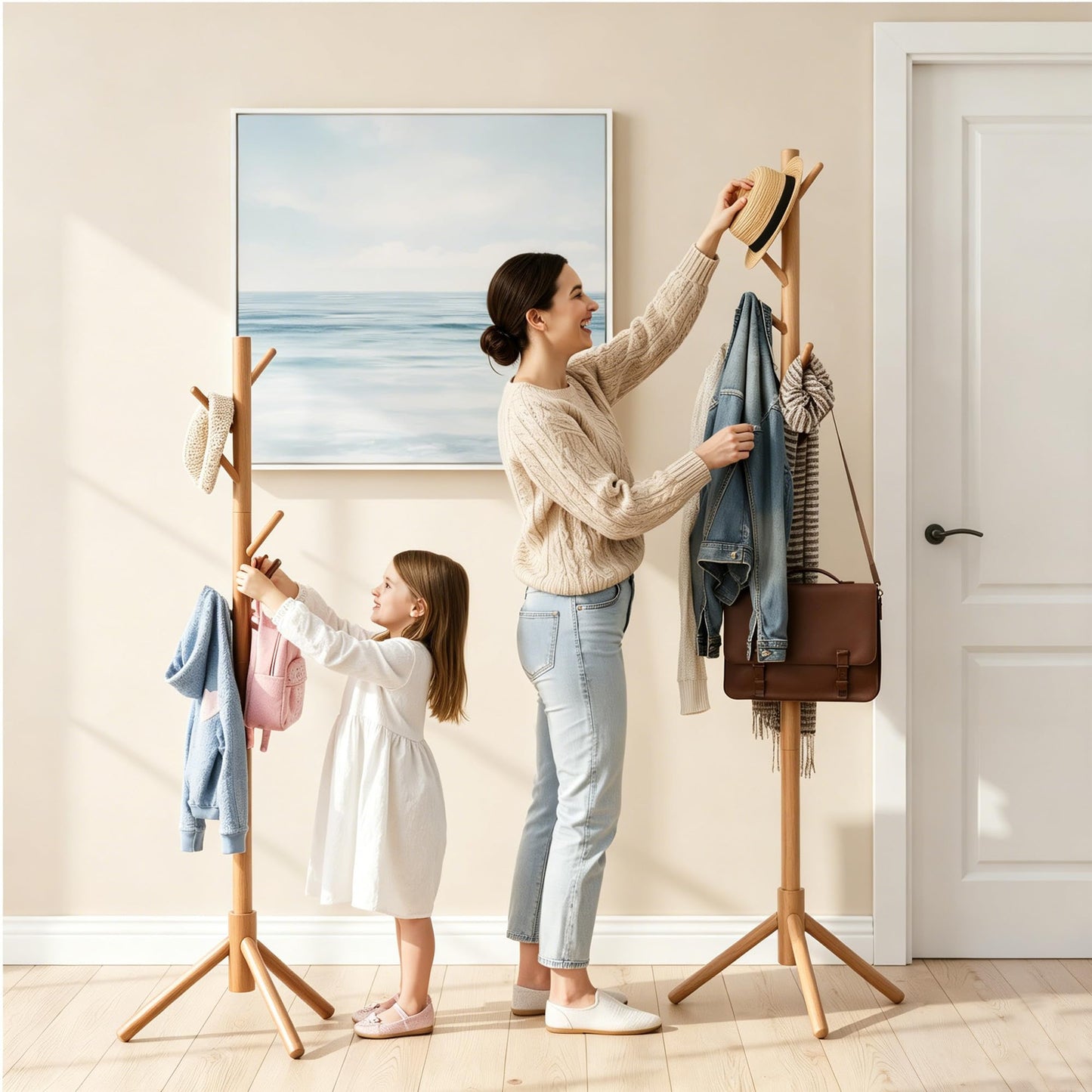 Freyawin Wooden Coat Rack Freestanding with 8 Hooks & 3 Adjustable Sizes for Clothes, Space-Saving Design for Bedroom Office Entrance Holds Hats Coats Scarves Bags