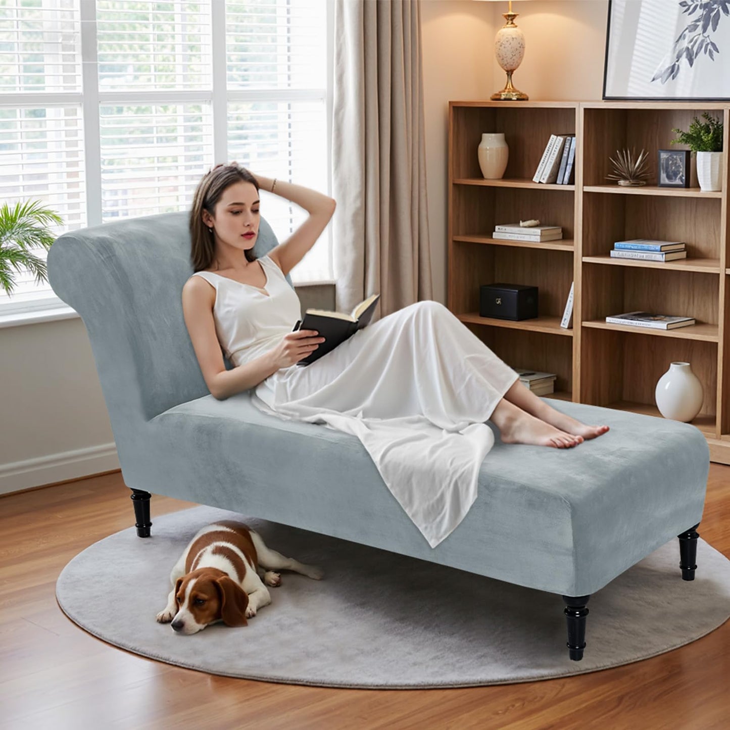 Velvet Chaise Lounge Cover Indoor Armless Chaise Slipcover Luxury High Stretch Ultra Soft Lounge Chair Covers Modern Machine Washable Chair Cover for Living Room Bedroom Furniture, Light Grey