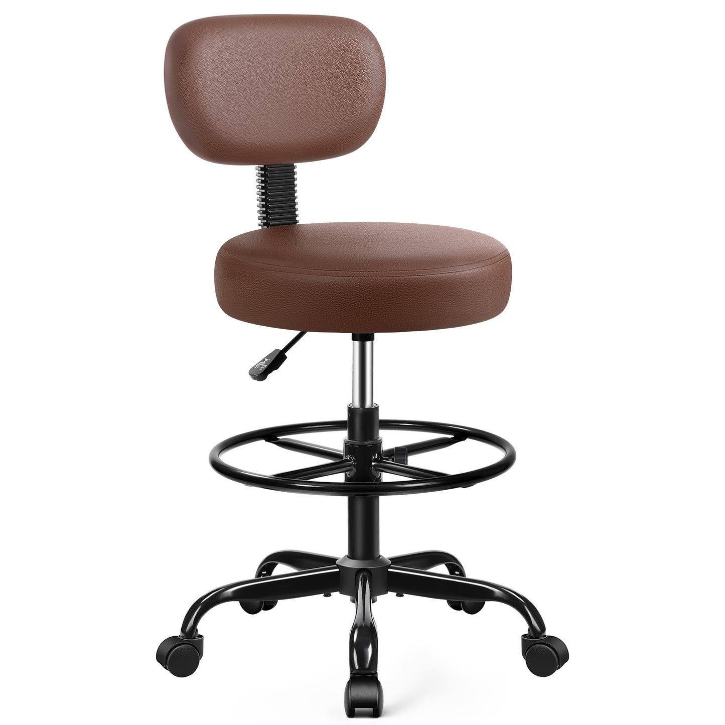 Brick Attic Drafting Chair with Backrest – Adjustable Foot Rest Rolling Stool with Wheels, PU Leather Swivel Stool for Office Spa Studio Lab Counter Salon Home Work Bar Kitchen Shop(Brown)