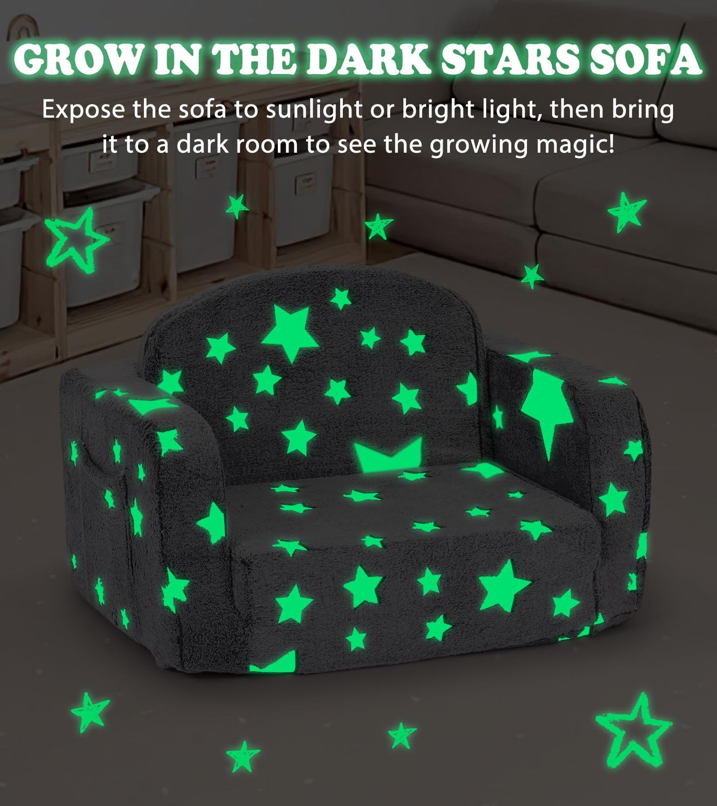 Kids Couch, 2-in-1 Soft Toddler Couch Fold Out with with Blanket and Cloud Pillow, Glow in The Dark, Toddler Chair Comfy, Convertible Sofa, Gifts for Kids Girl Boys, Medium Grey Star