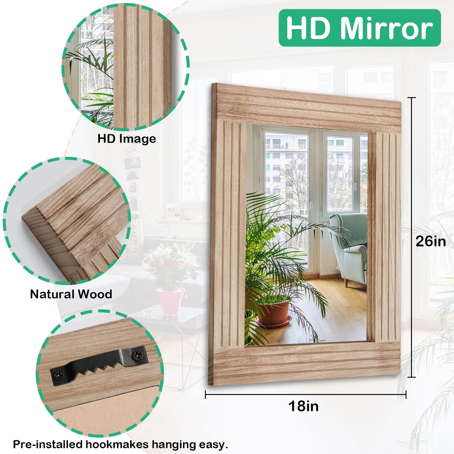 HLFMVWE Rectangle Mirror Retro Wooden Wall-Mounted Mirrors Farmhouse Bedroom Bathroom Vanity Entrance Decorative Antique Hanging Mirror Large 26"x18"