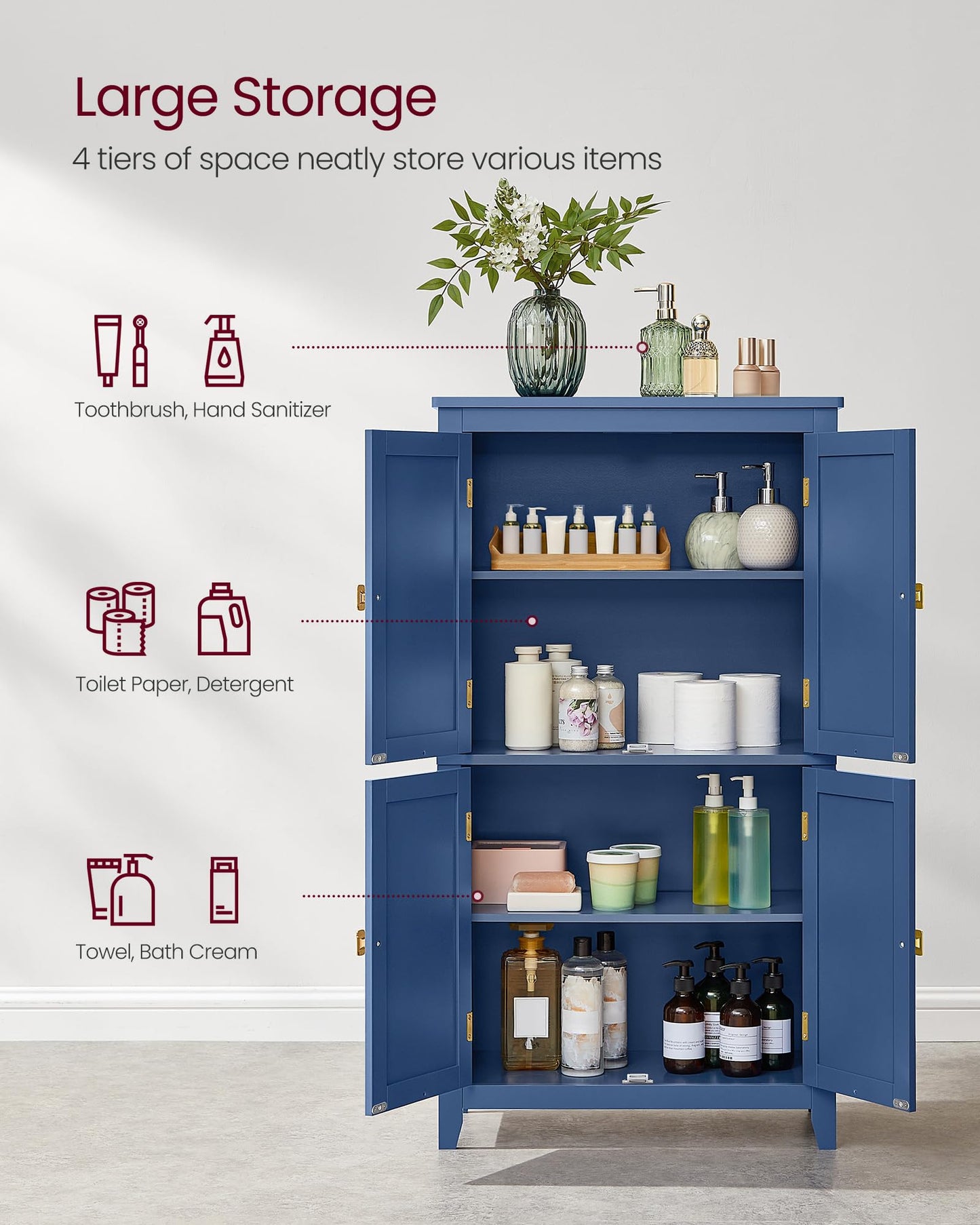 VASAGLE Floor Storage Cabinet, Freestanding Storage Unit with 4 Doors, Adjustable Shelves, 11.8 x 23.6 x 43.3 Inches, for Entryway, Bathroom, Harbor Blue UBBC552Q01