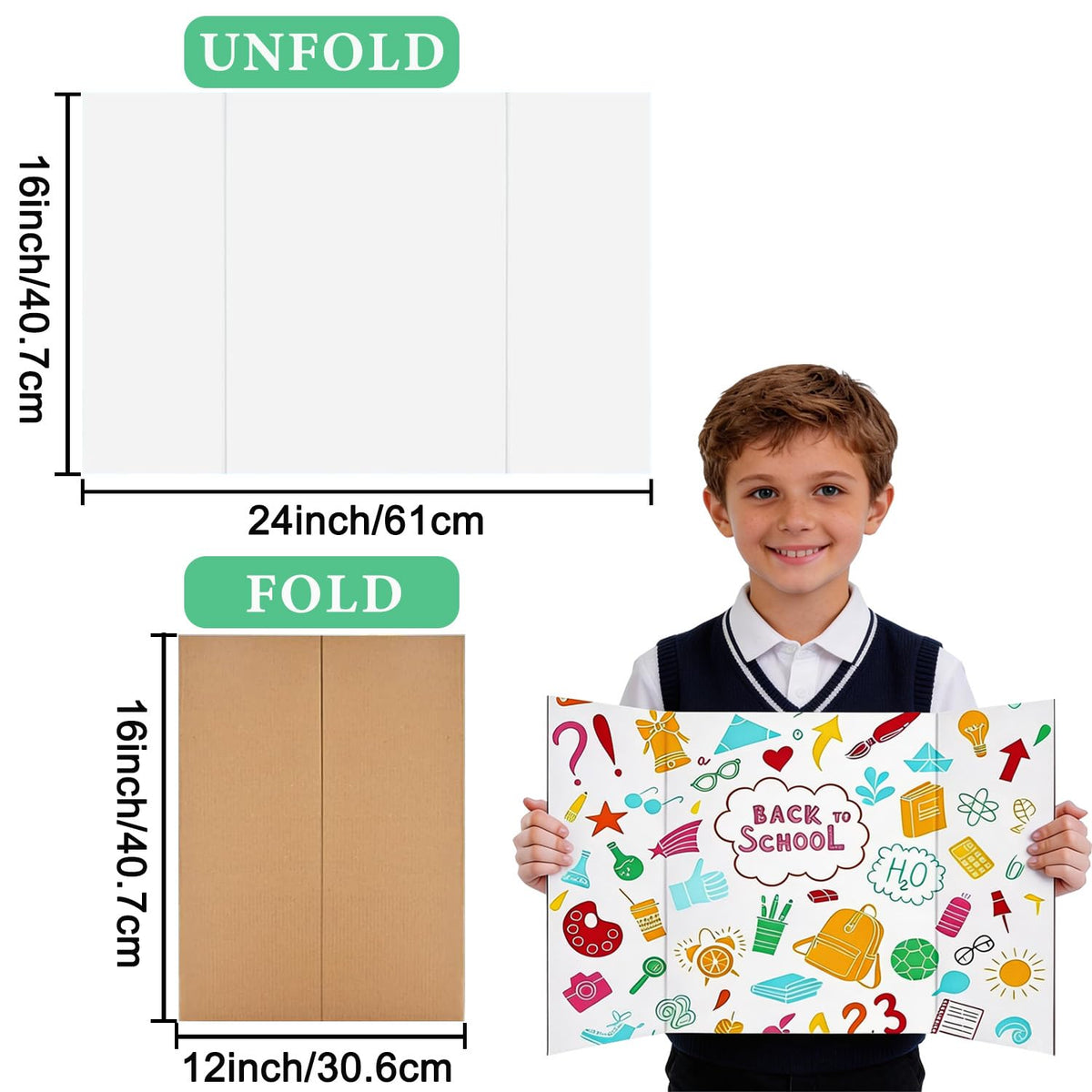 3 Pack Medium Trifold Poster Board, 24 x 16inches Poster Board with Double Sided Tapes and Cardboard, Corrugated Presentation,Science Fair Display Boards for School Project, Science Fair, Business