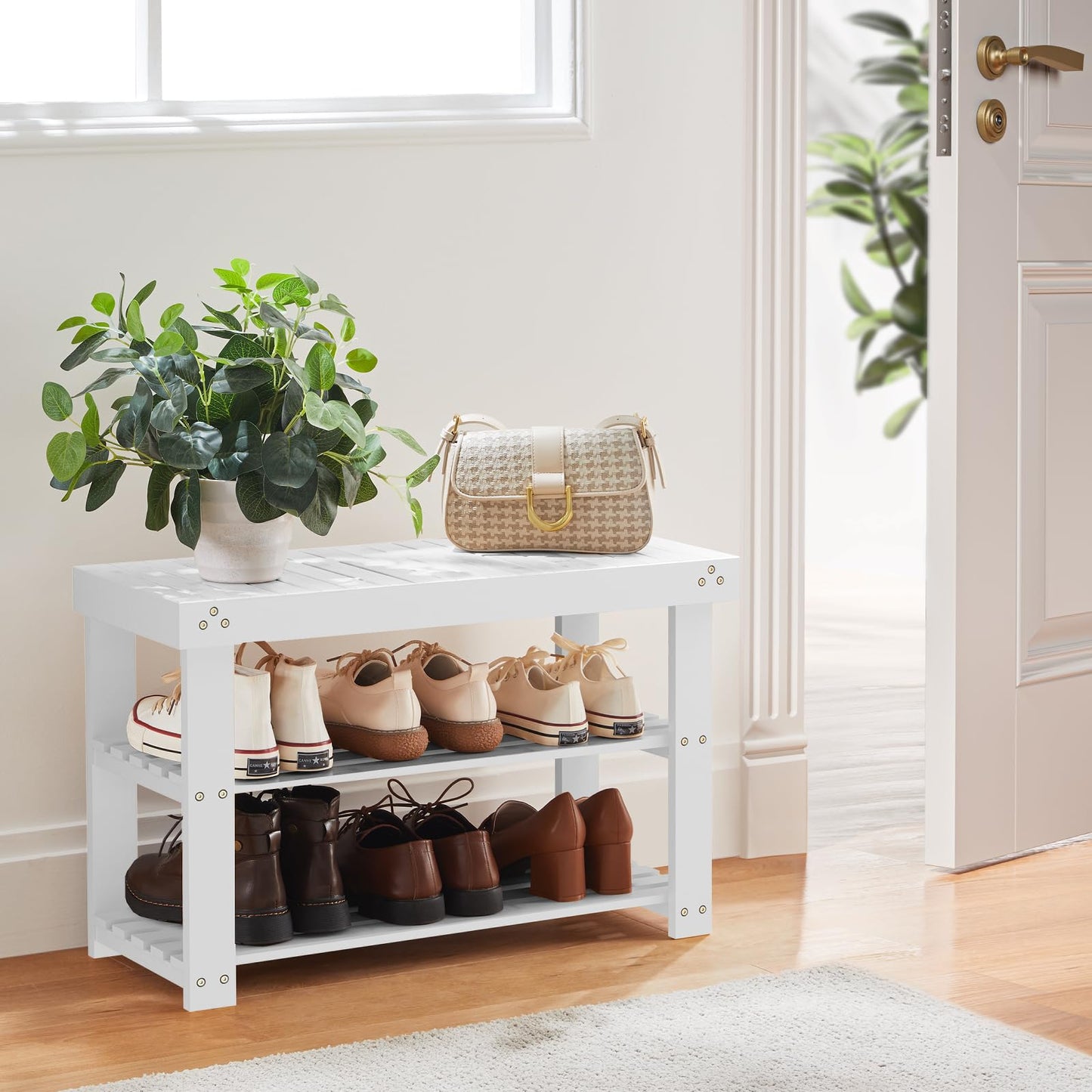 Pipishell Bamboo Shoe Rack Bench, 3-Tier Sturdy Shoe Organizer, Storage Shoe Bench, Holds up to 300lbs for Entryway Bedroom Living Room Balcony (White)