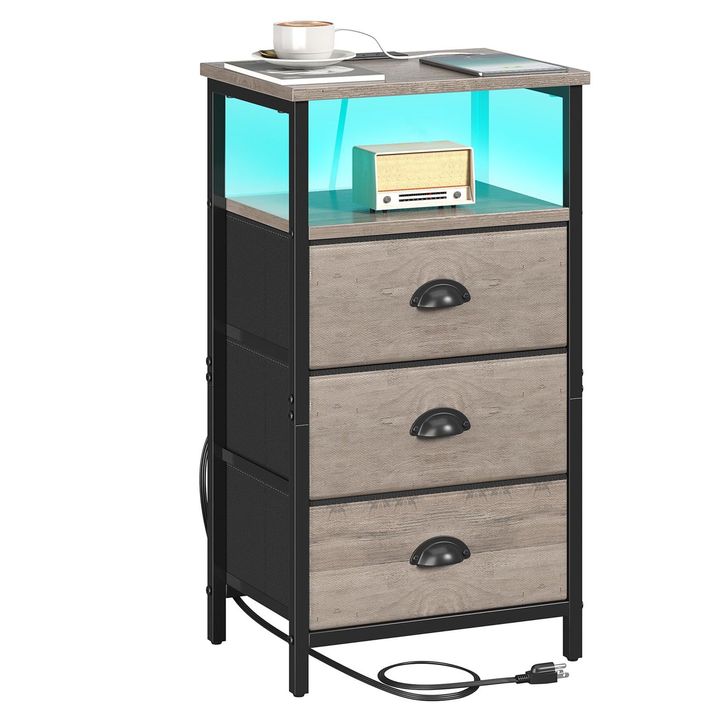 sthmec Nightstand with Charging Station,LED Nightstand with 3 Fabric Drawers, Bedside End Tables, 2-Tier Open Storage Shelf, Side Table Nightstand with Drawers for Bedroom,Grey