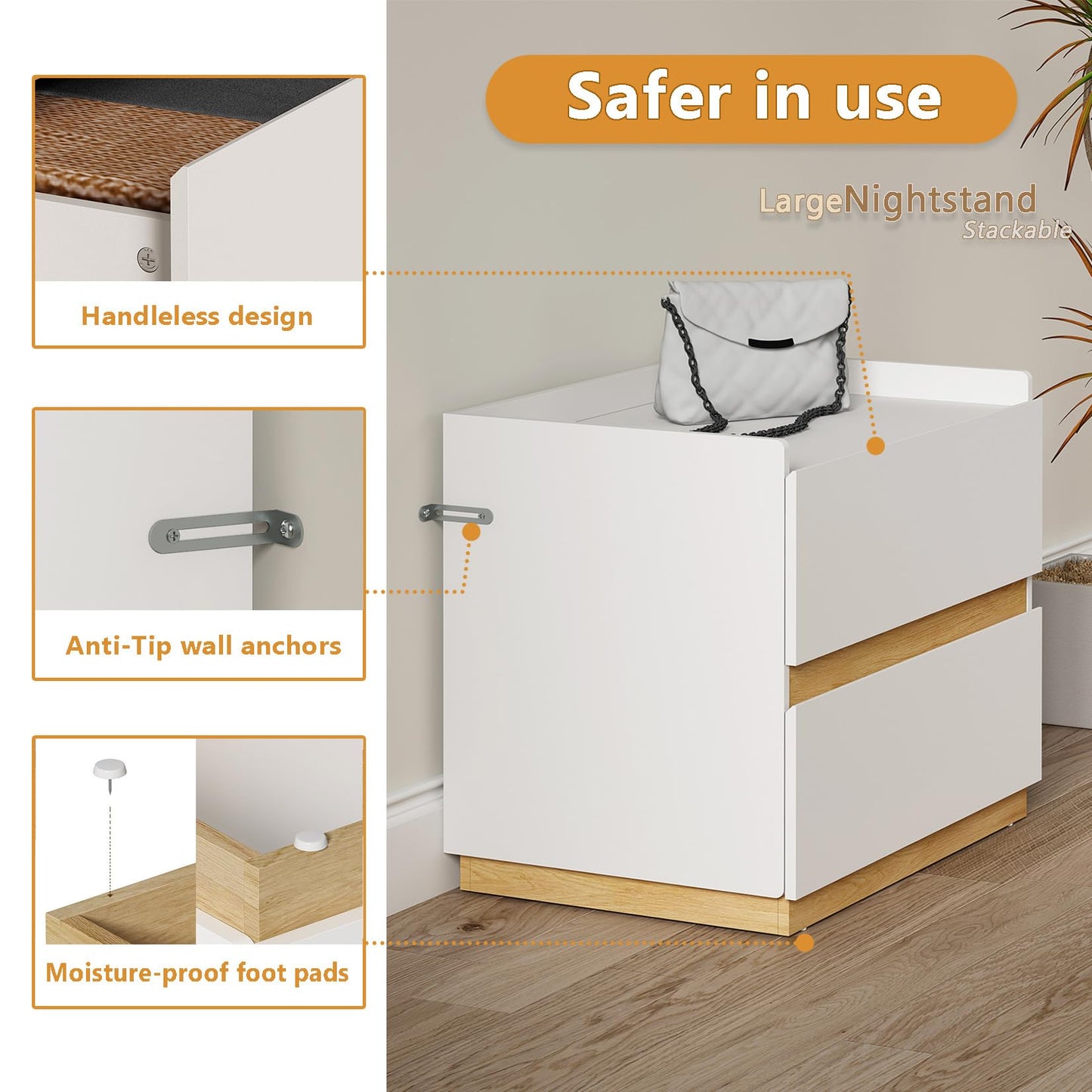 DAELIFKER Large Modern Nightstand White Bedside Table, 2 Drawer Dresser Wood Stackable Storage Drawers for Clothes for Closet, Bedroom, 24"x16"x20"