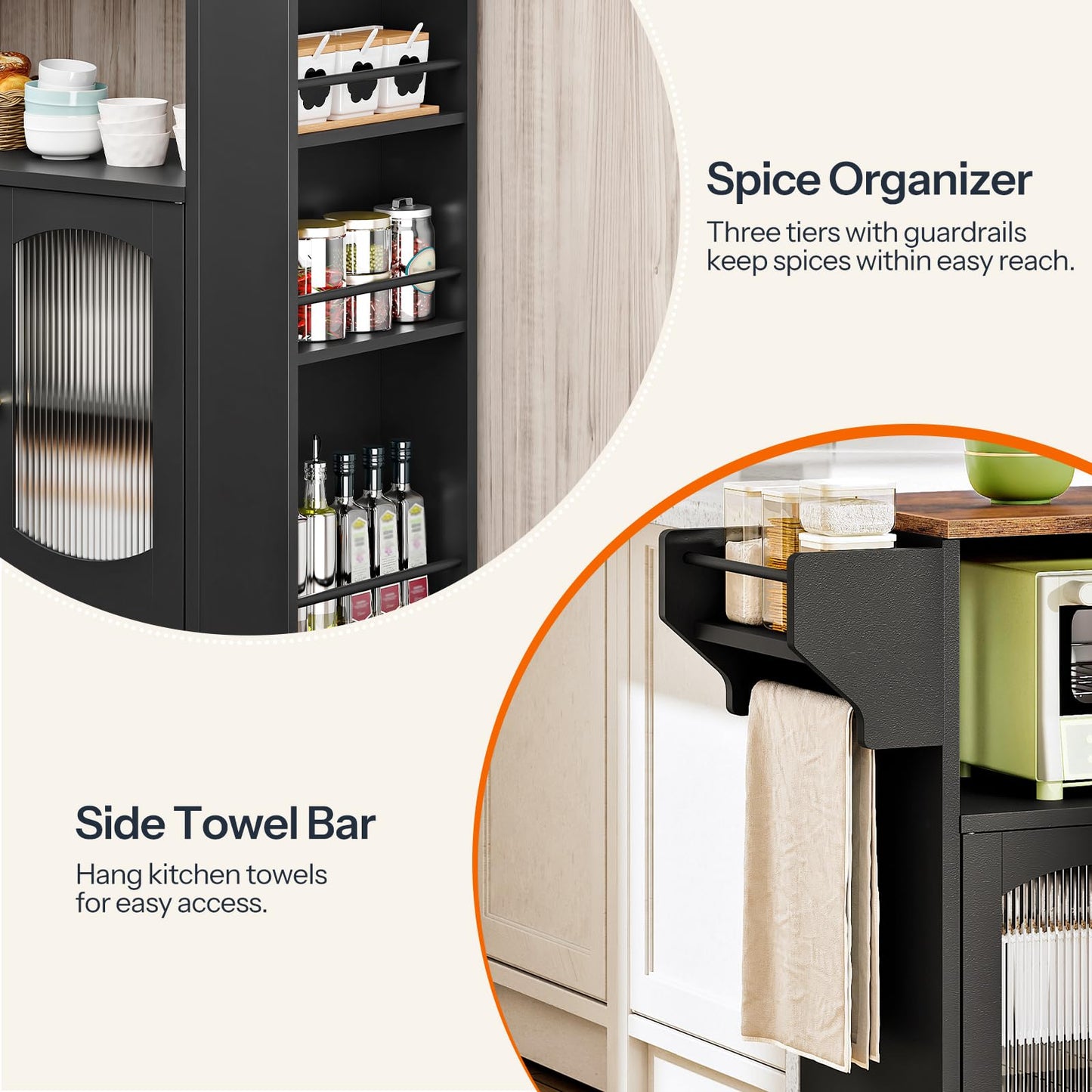 HOOBRO Kitchen Island with Power Outlet, Rolling Kitchen Island with Glass Doors and Open Storage Shelf, Island Table with Spice Rack, Towel Rack for Kitchen, Rustic Brown and Black BF53UZD01