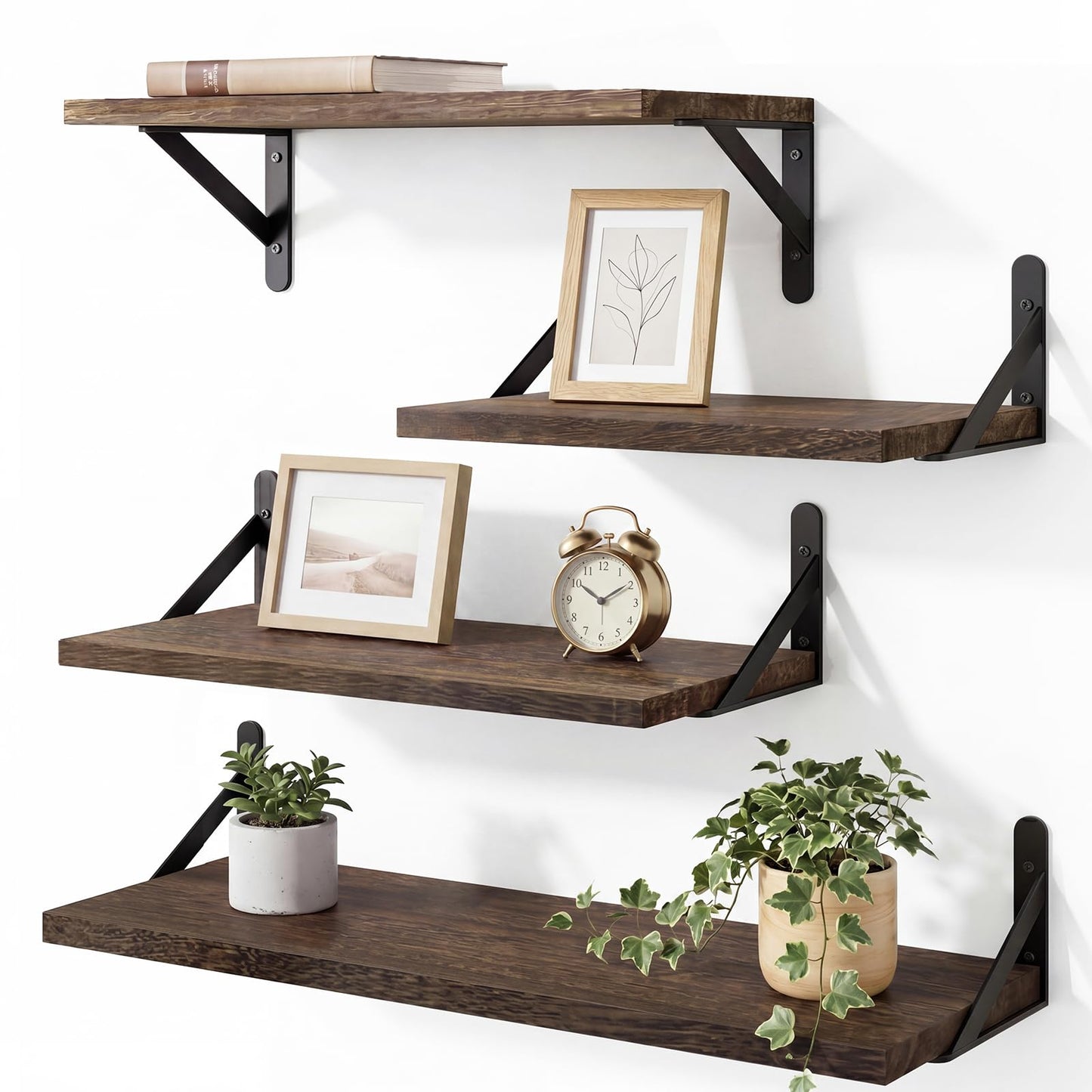 YGEOMER Wall Shelves, 4pcs Different Sizes Dark Carbonized Brown Floating Shelves for Decor