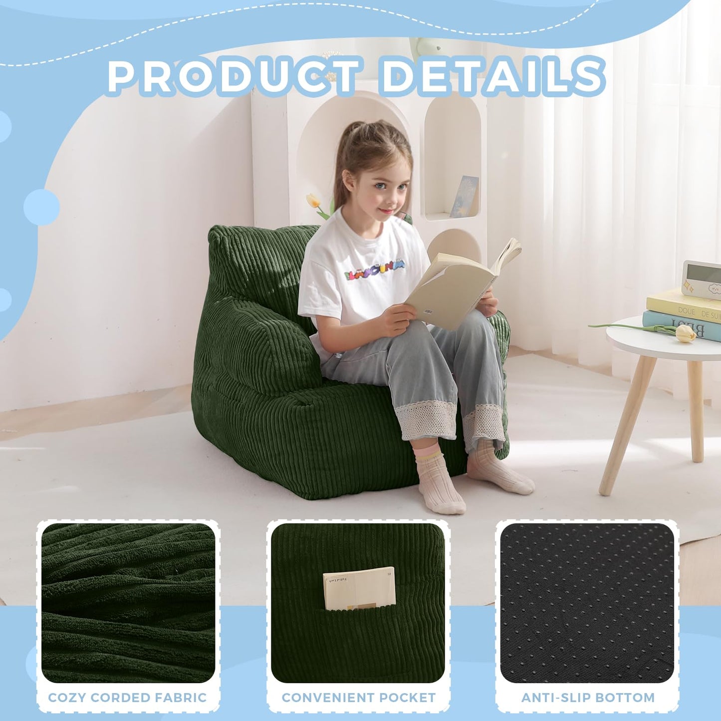 MAXYOYO Kids Bean Bag Chair, Stuffed Toddler Bean Bag Sofa with Filler Cozy for Boys and Girls, Lazy Sofa with Pocket Floor Chair for Gaming, Reading, Dark Green