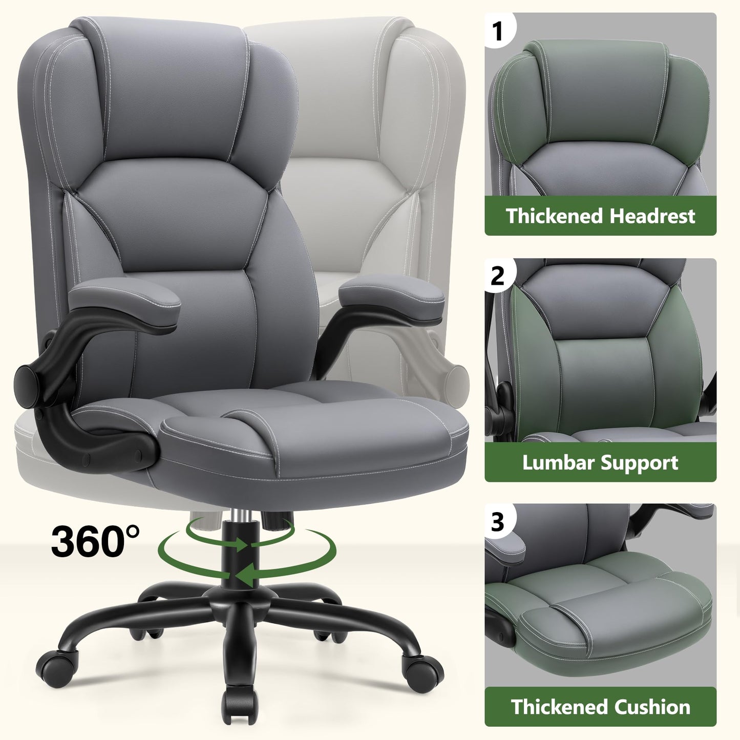 Brick Attic Leather Office Chair with Flip Up Arms, 360° Swivel Ergonomic Desk Chair with Wheels, Adjustable Height Computer Chair with Padded Seat for Home Office, Study,Gaming Room, Gray