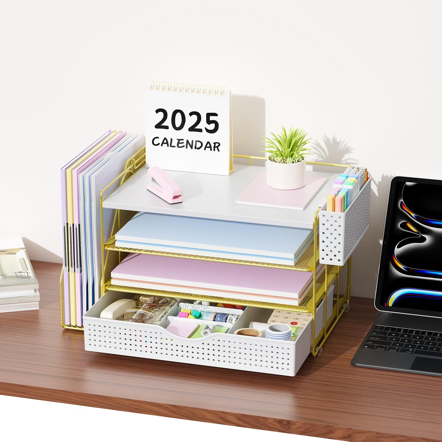 gianotter Wood Desk Organizers and Accessories with File Holder, 4-Tier Desk Accessories & Workspace Organizers with Drawer and Pen Holder, Desk Reference Organizer (Gold, 4T with Drawer)