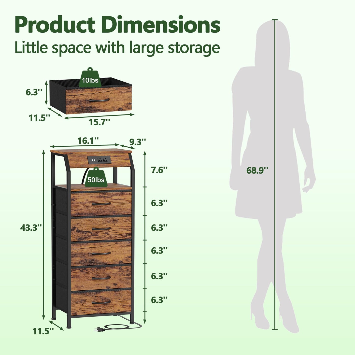 Furnulem 5 Drawers Dresser with Charging Station, Tall Night Stand with Storage Shelf, Fabric Chest of Drawers, Bedside Table for Closet, Entryway, Bedroom Furniture, 3 Ways to Use, Rustic Brown