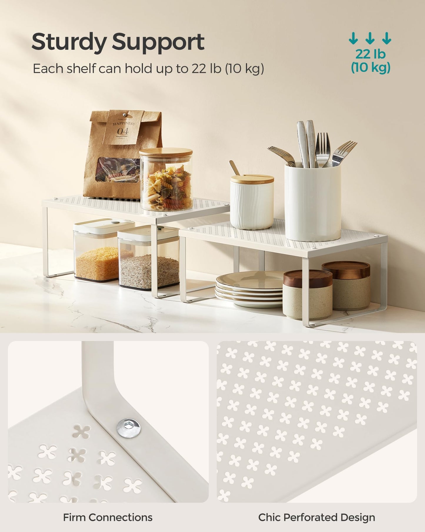 SONGMICS Spice Racks, Set of 2 Metal Cabinet Shelf Organizers, Countertop Organizers, Shelf Risers, Stackable, Expandable, Oatmeal Beige UKCS001K01