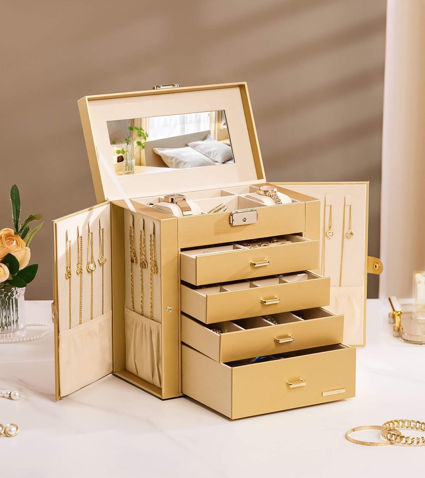 Homde Synthetic Leather Huge Jewelry Box Mirrored Watch Organizer Necklace Ring Earring Storage Lockable Gift Case (Gold)